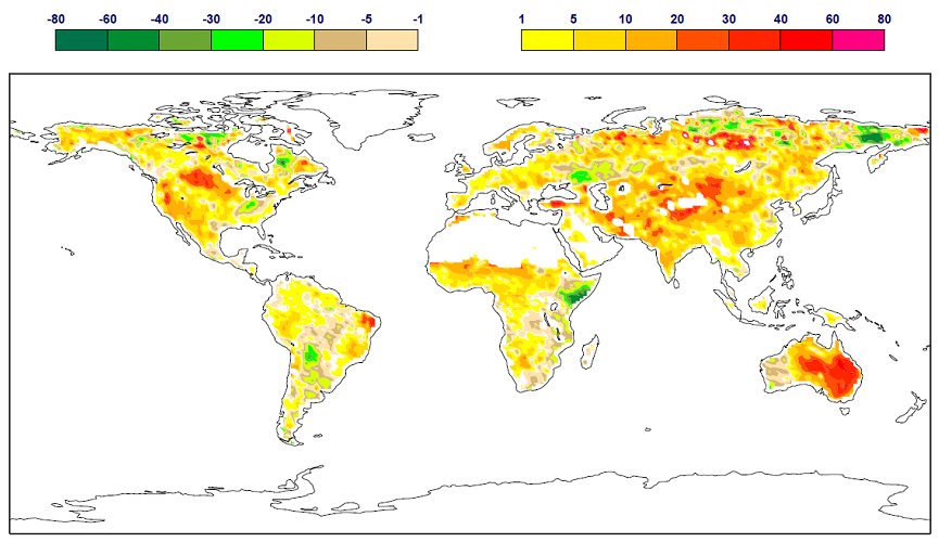 Global map of Above Ground Biomass anomaly for November 2010 in % of the 1999-2013 mean.  